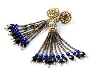 High-fashion long Italian earrings by Ziio are made with lapis, black tourmaline and sterling silver.